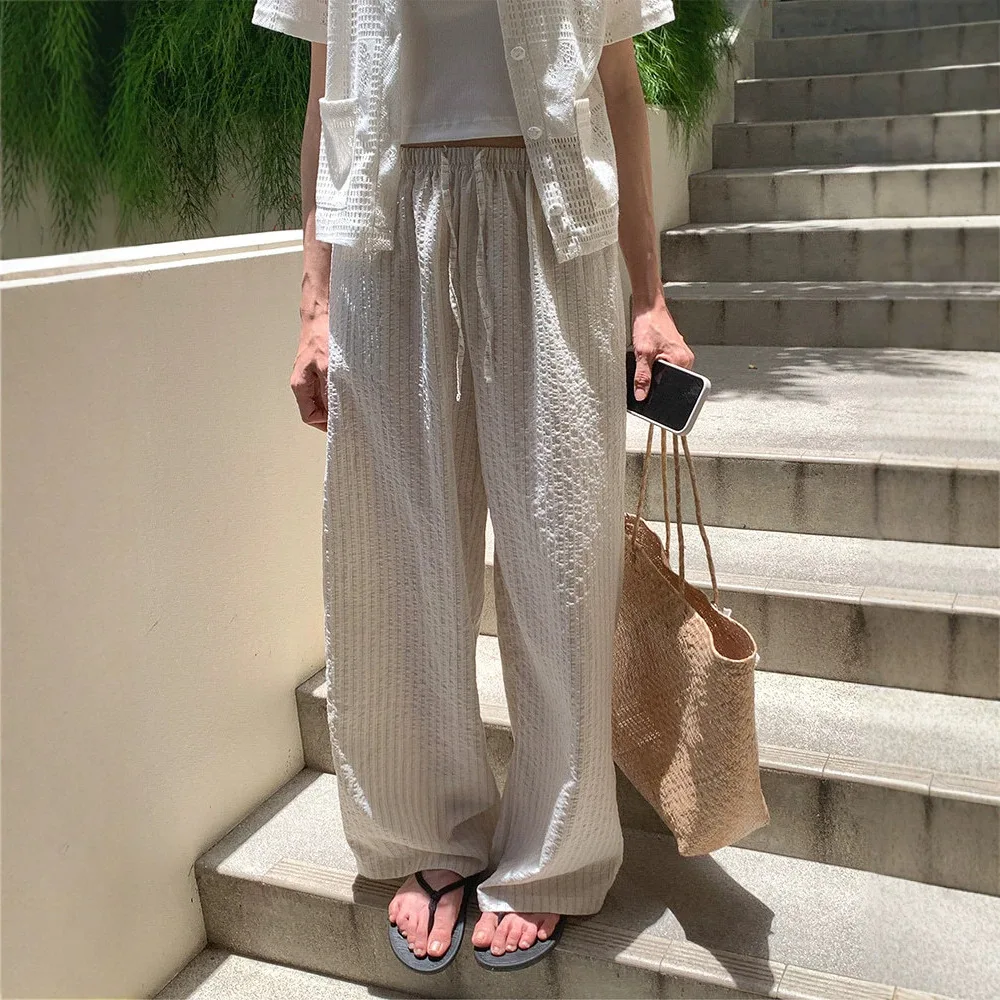 ins Versatile Lazy Style Skinny Skin-friendly and Breathable Striped Casual Drawstring Mopping Trousers Women