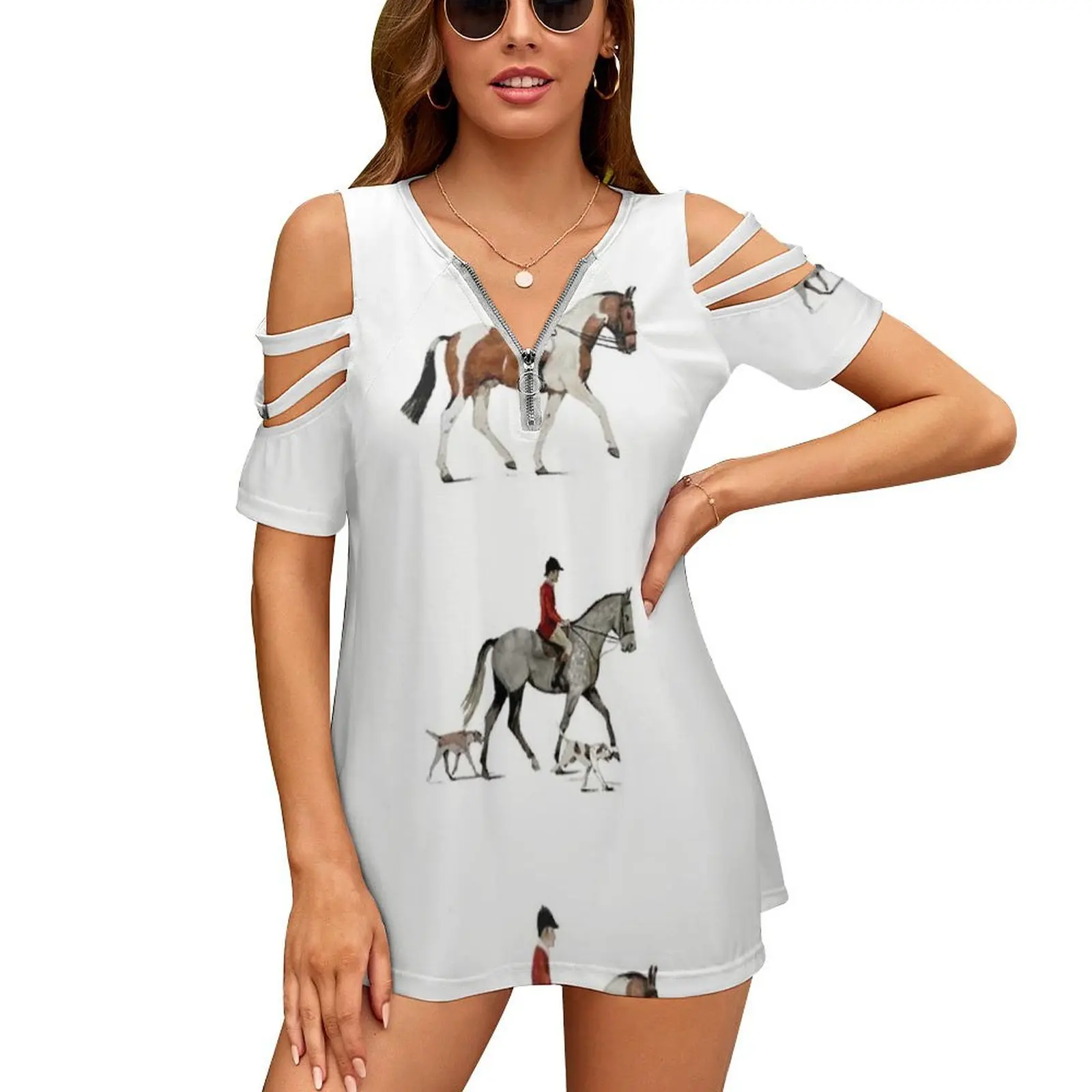 Hunting Scarf Women Zipper Sexy Printed Vintage T Shirts Tops Full Print T-Shirt Hunting Fox Hunting Horse Horses Horse Riding