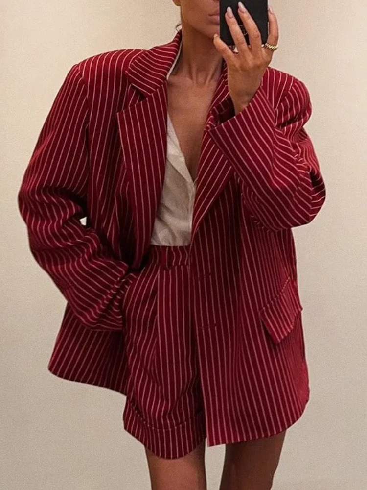 

Fmxires Fashion Loose Stripe Print 2 Pieces Set Woman Elegant Long Sleeve Blazer With High Waist Shorts Set Female Streetwear