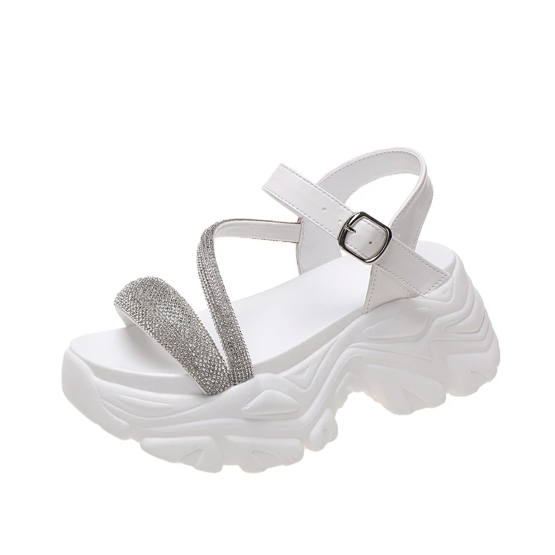 New Designers Women Chunky Sandals Bling Leather Platform Sandals White Beach Slippers Gladiator Wedges Sneakers For Woman 7.5CM