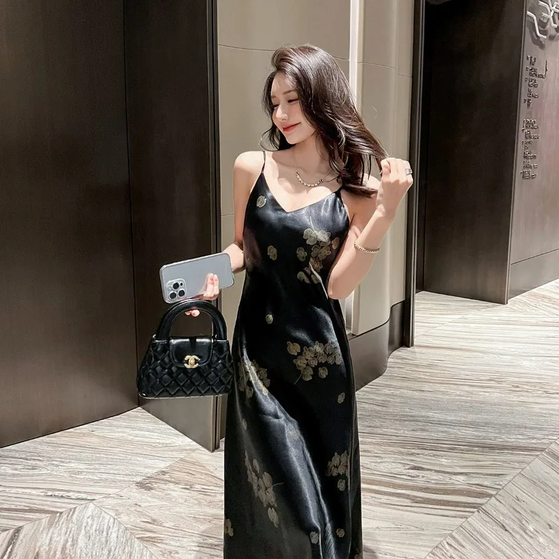 Abito a canotta in raso moda donna estate nuovi abiti da donna a trapezio stampati sottili stile lungo slim fit avanzato