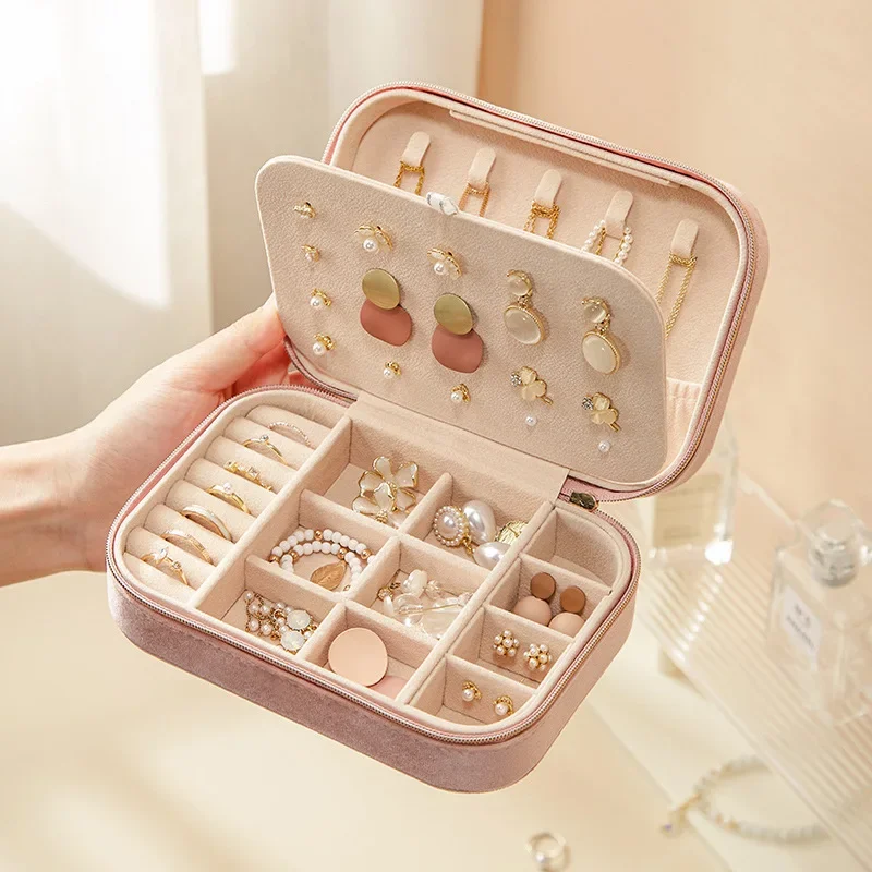 Double Layer Minimalist Jewelry Storage Box Portable Velvet Ring Earring Pendant Box Solid Plush Jewelry Packaging Display Case