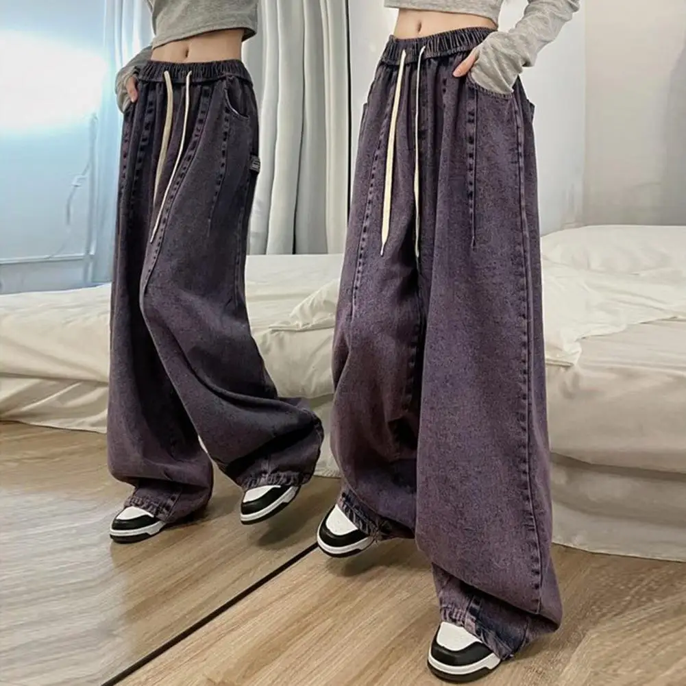 Unisex Denim Jeans Straight Denim Trousers Vintage Wide Leg Denim Jeans with Elastic Waist Deep Crotch Pockets Women's for Hip