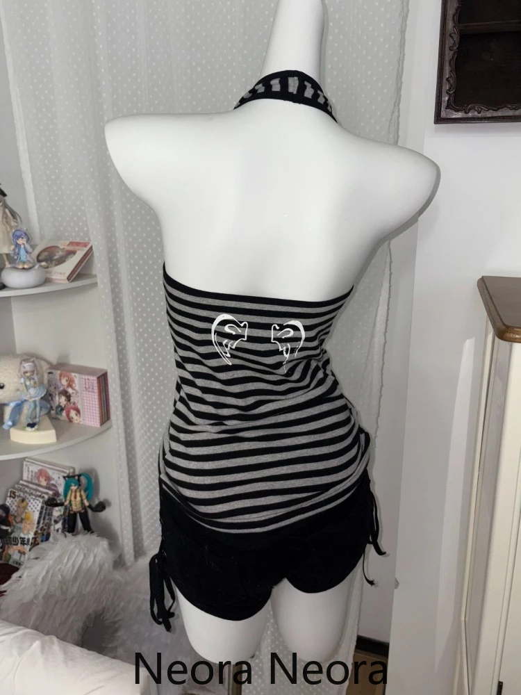 ثقافة فرعية القوطية مخطط مائل الرقبة القمم المرأة خمر Y2k قبالة الكتف الساخن فتاة سترة الإناث الصيف شيك سليم الرجعية وتتسابق جديد