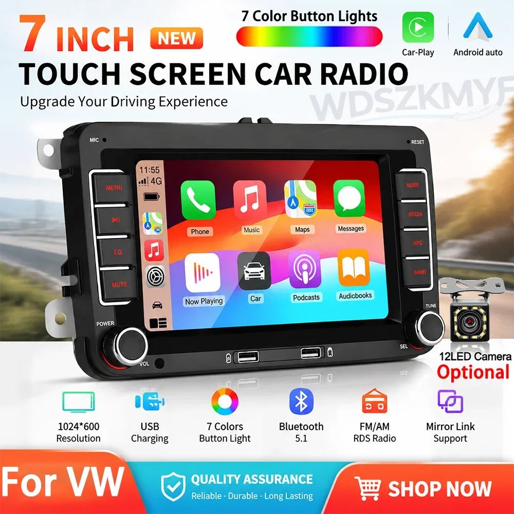 New  7" 2 Din Touch Screen Car Stereo Wireless CarPlay Android Auto FM RDS Multimedia Radio Player For VW Golf Passat Caddy