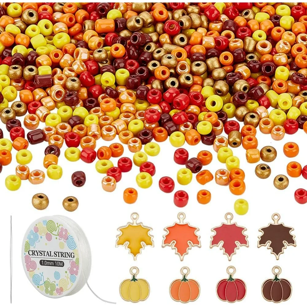 180g 4~5mm Tiny Beads Glass Seed Beads Thanksgiving Day DIY Craft Beads with 32pcs Maple Leaf Pumpkin Pendants Elastic Crystal