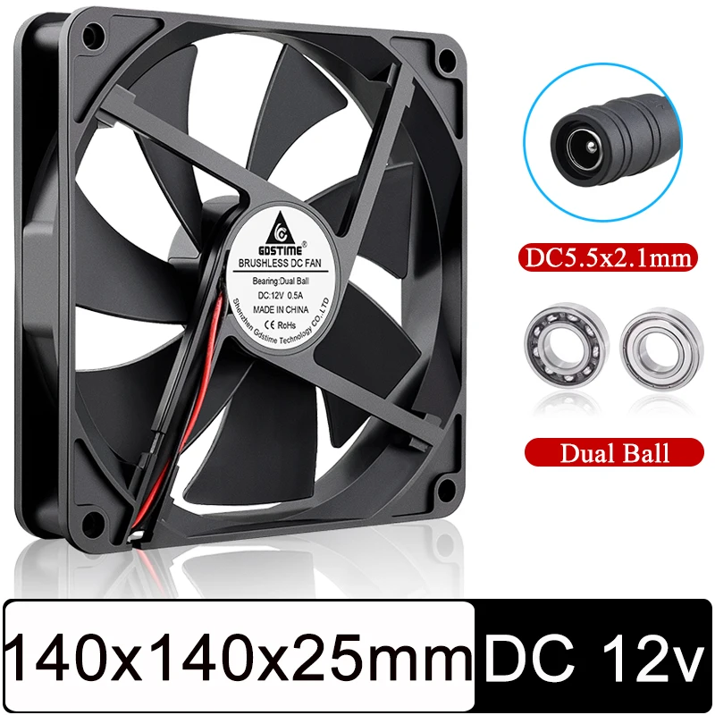 

2 PCS GDSTIME 140MM 12V DC 5.5X2.1mm 140x140x25mm Dual Ball PC Brushless Case Cooling Fan 14025 14CM CPU Cabinet Cooler Fan