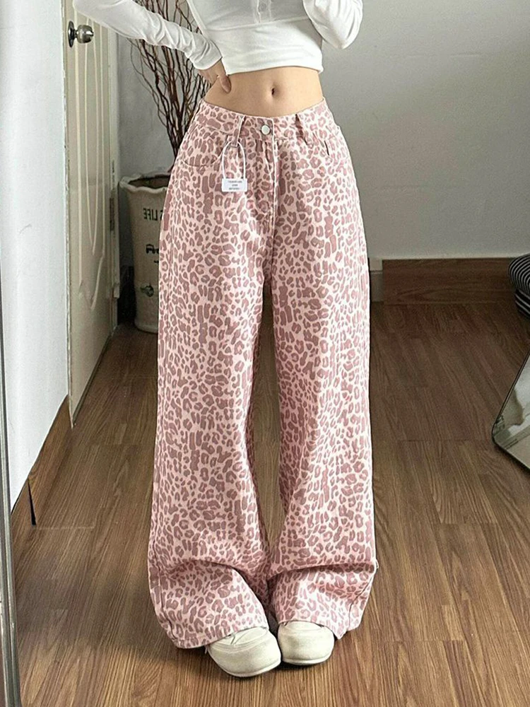 Pink Leopard Y2 Jeans Women Vintage American Streetwear Hip Hop Harajuku Denim Pant High Waist Retro Fall Winter Female Trousers
