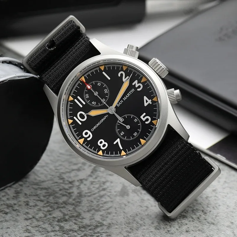 San Martin SN0120W Chronograph Watch Vintage Military Pilot Quartz Movement Watch Bead Blasted Case 100m Waterproof 37mm Watches