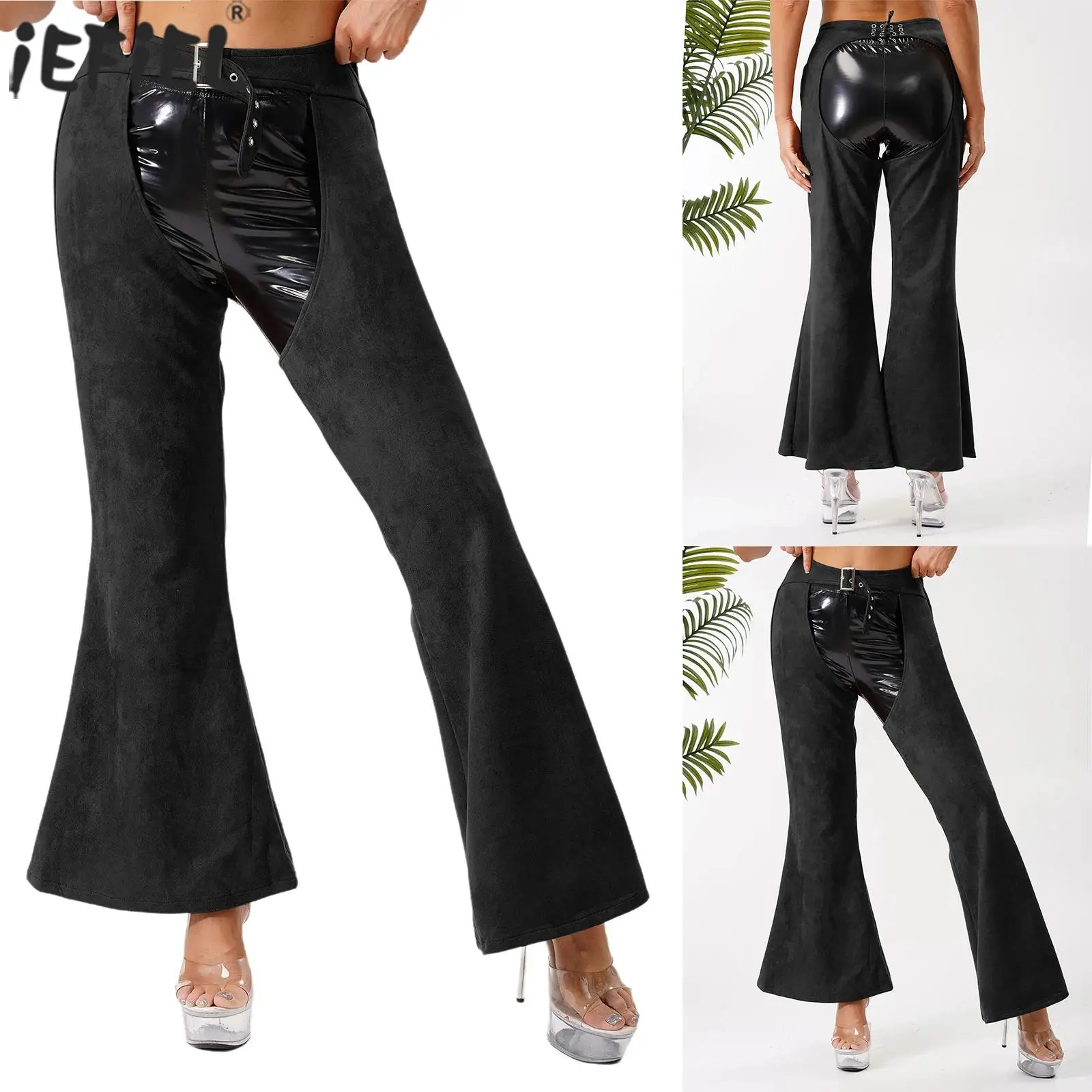 

Women Vintage Hippie Open Crotch Chap Pants Carnival Cowboy Cowgirl Hippies Dance Performance Pant for Party Raves Uniforms