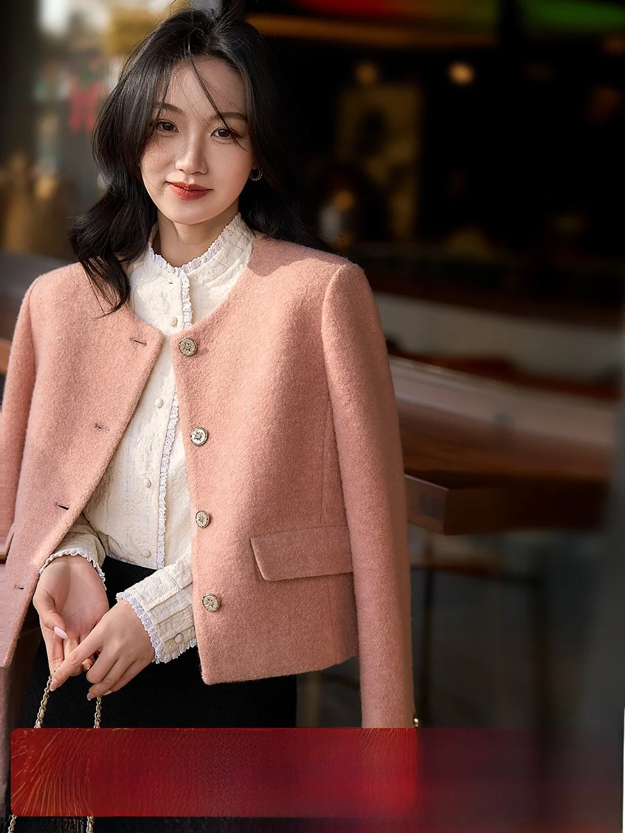 

Женское шерстяное пальто XiaoHanGe Cysanthemum Pink с круглым вырезом, в стиле OL, для повседневной носки, модное, весеннее, новогоднее, теплое, верхняя одежда