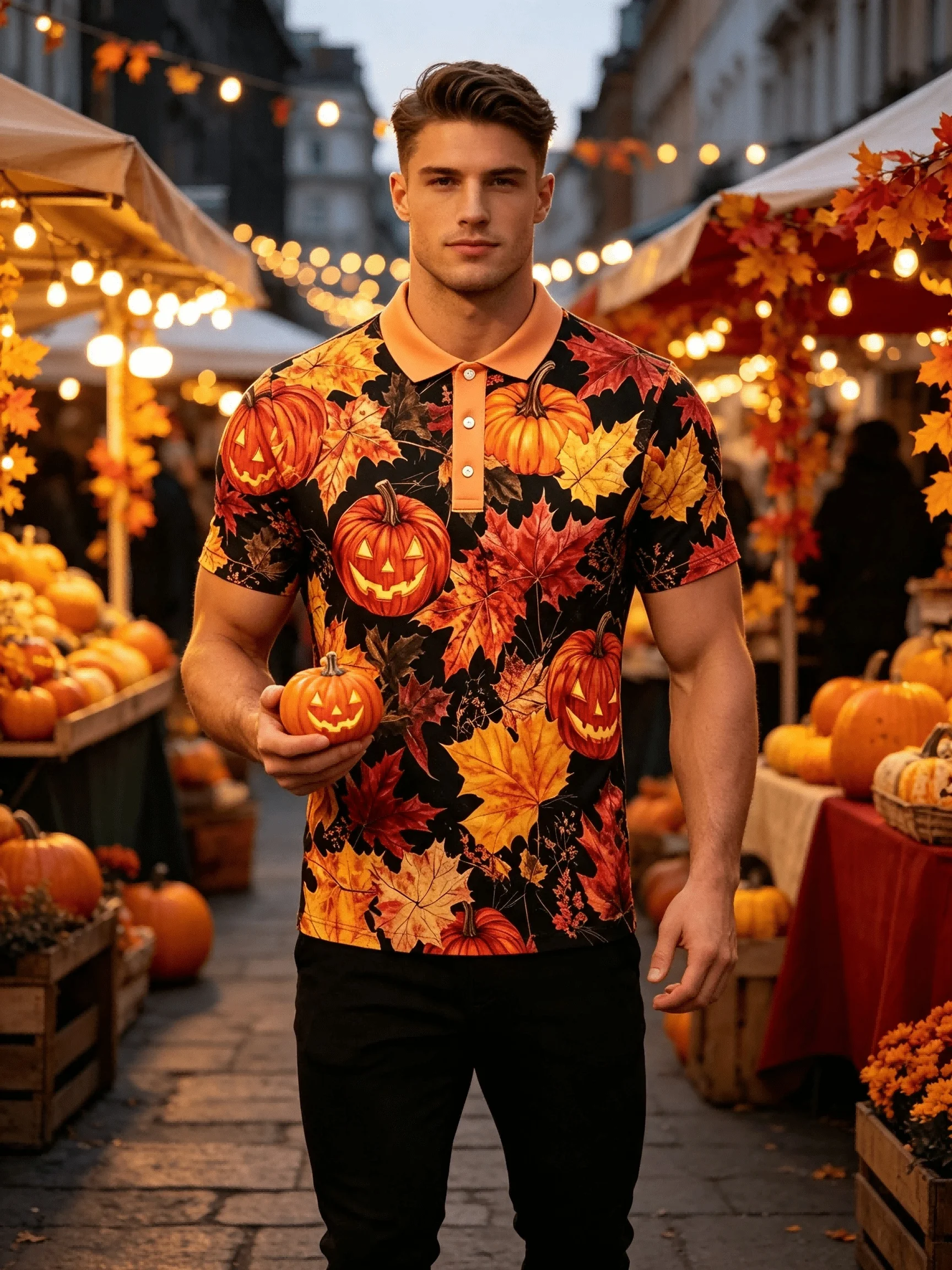 2026 New Men's Polo Halloween Pumpkin Full Print Turn-Down Collar Short Sleeve Top Casual Streetwear Beach Vacation Men Apparel