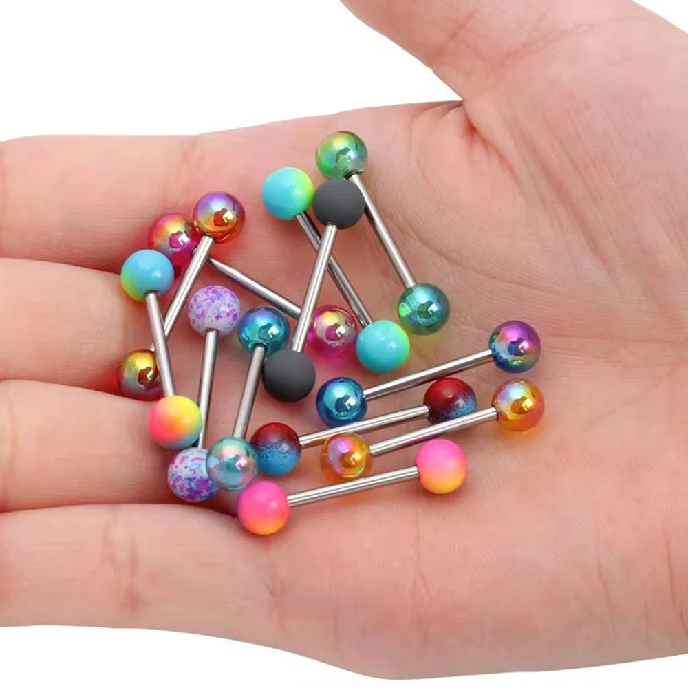 12Pcs Assorted Mixed Color Acrylic Ball Tongue Rings Stainless Steel Barbell Tongue Piercing Jewelry For Men and Women