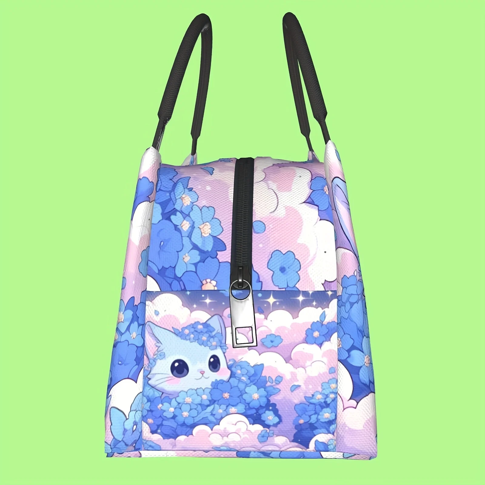 Kawaii Blue Cat Flower Print Insulated Lunch Bag Durable Oxford Fabric Keep Food Fresh Tote
