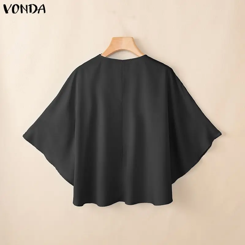 VONDA Plus Size Blouses Elegant Women Lace Patchwork Tops 3/4 Bat-wing Sleeve Tunic V-Neck Blusas Casual Summer Ruffled Blouse