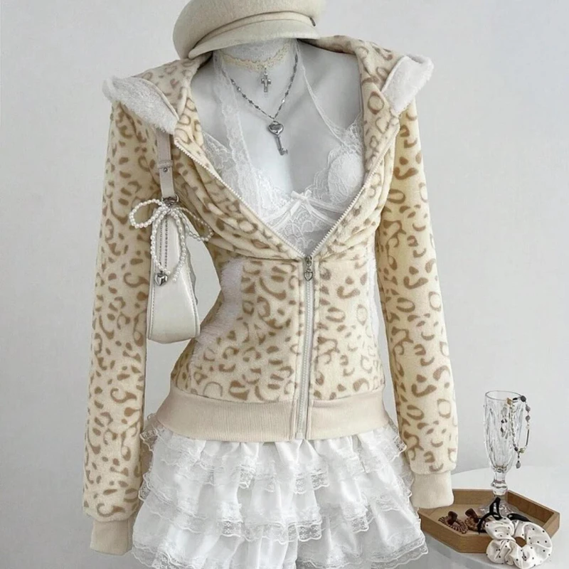 Vintage doce leopardo impressão jaqueta com capuz feminino novo design high street zip up casaco japonês kawaii bonito magro y2k roupas de outono