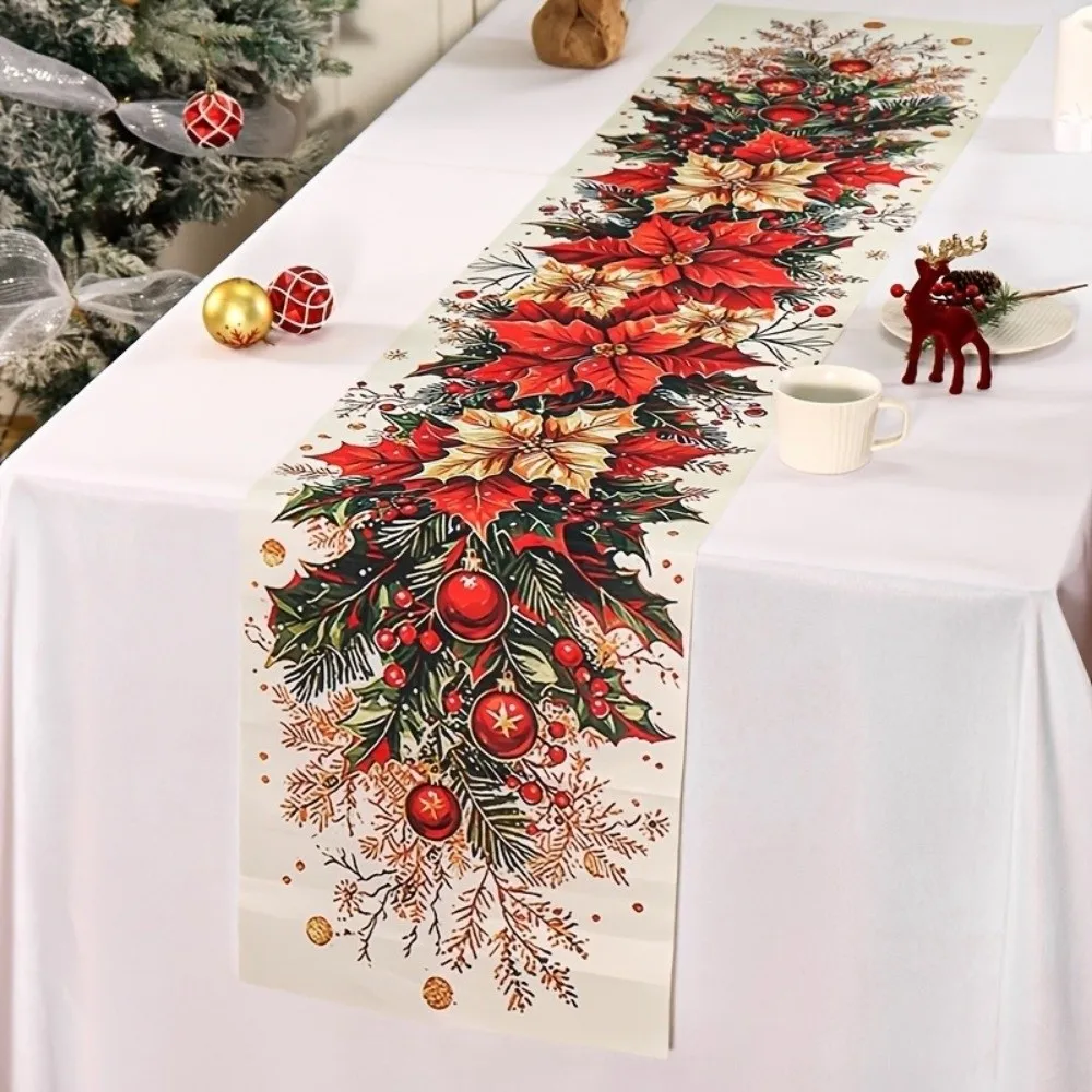 Santa Snowman Christmas Table Runner Tabletop Decoration Reindeer Christmas Tablecloth Flower Vintage Poinsettia Table Runner