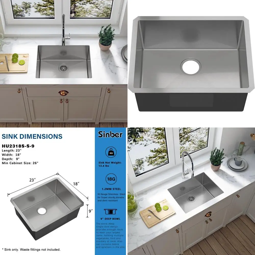 

Sinber HU2318S-10-S 23 x 18 x 9 Undermount Single Bowl Kitchen Sink with 18 Gauge 304 Stainless Steel Satin Finish (Sink Only)