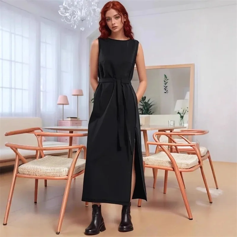 

Women's Sleeveless Crew Neck Maxi Dress Belt Waist Pocket Side Slit Casual Long Dress