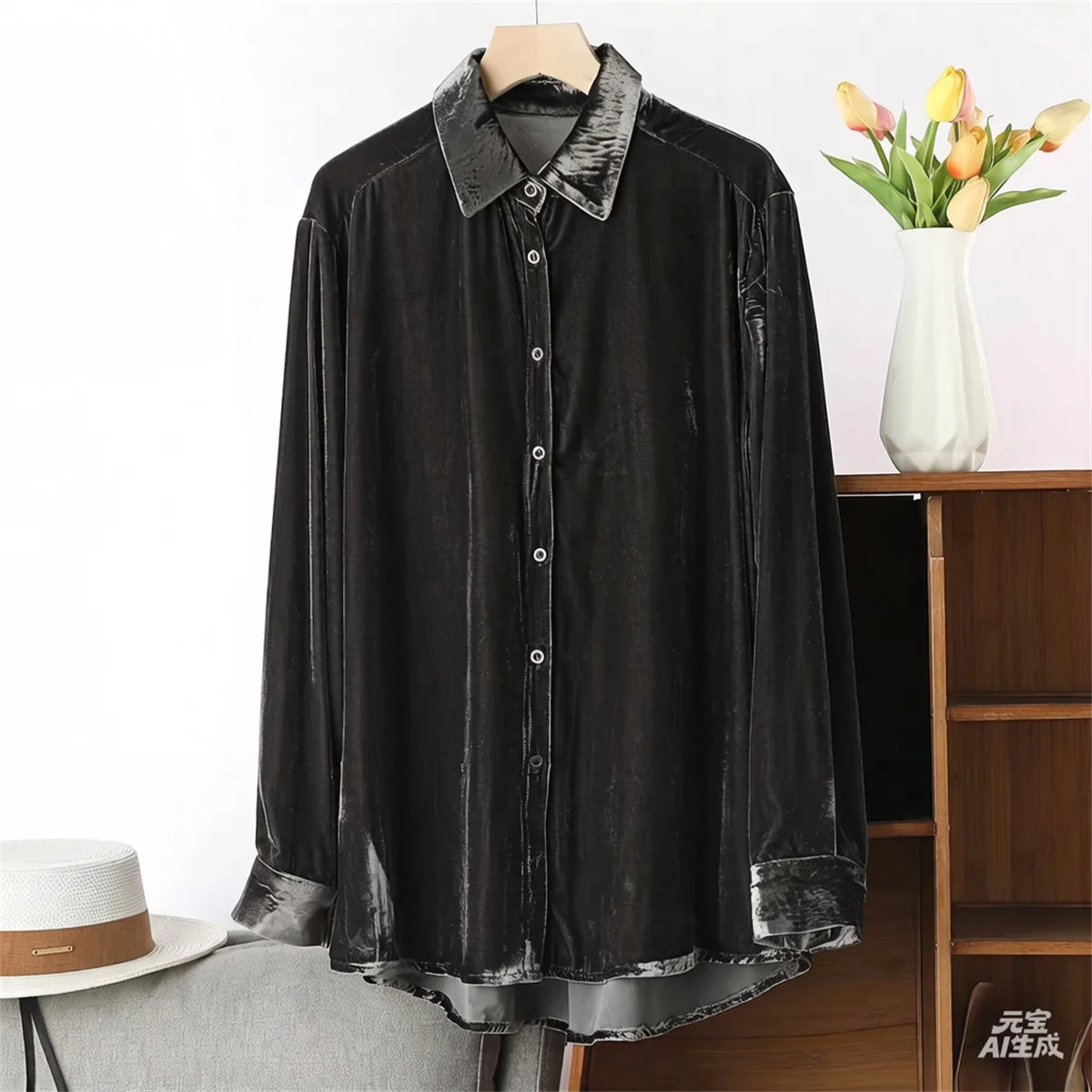 Plus size Shirt women Long Sleeve Spring Autumn Pure Casual Outerwear velour Shirt Premium Feel  Velvet blouse