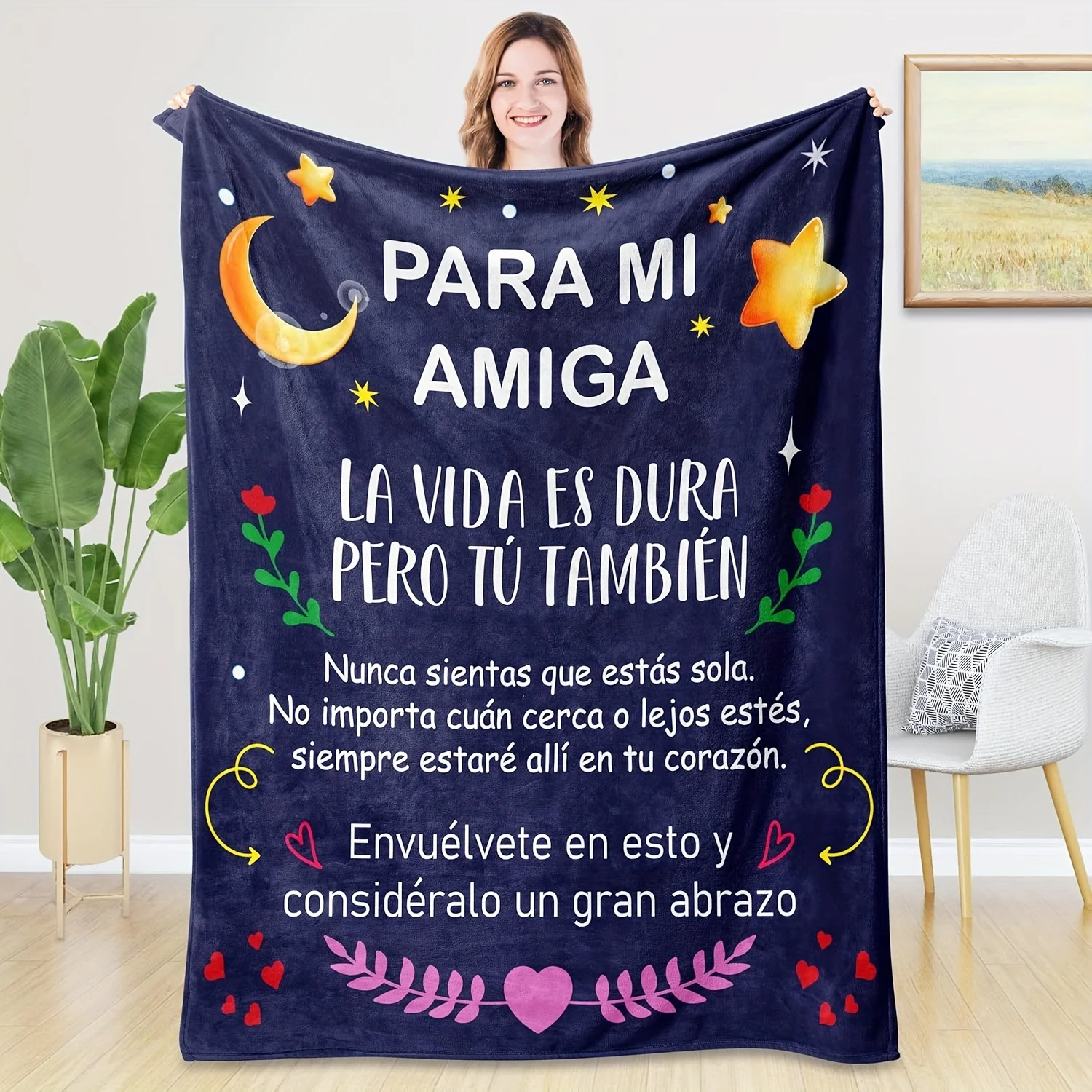 Flannel Blanket for Women Featuring a Starry Night Design with Stars And a Moon, Accompanied by Uplifting Spanish Quotes. This S