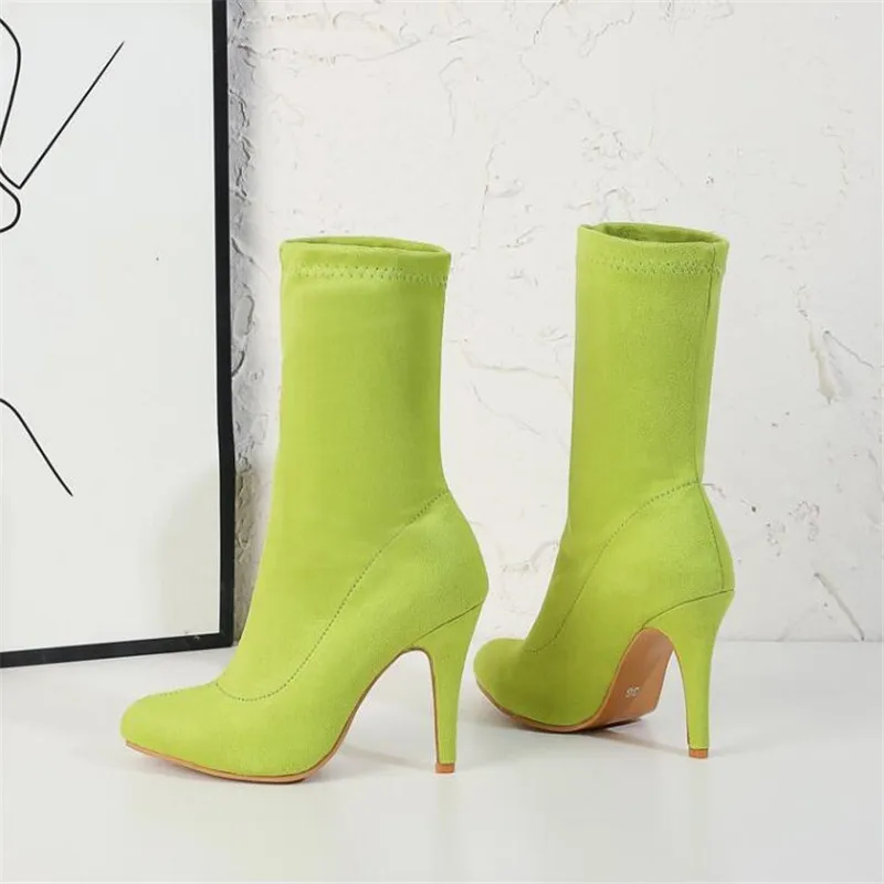 

New Women Boots Colorfur Suede Sexy Pointed Toe High Heels Mid Calf Women's Boots Comfortable Shoes Boots Feminina Size 32-46