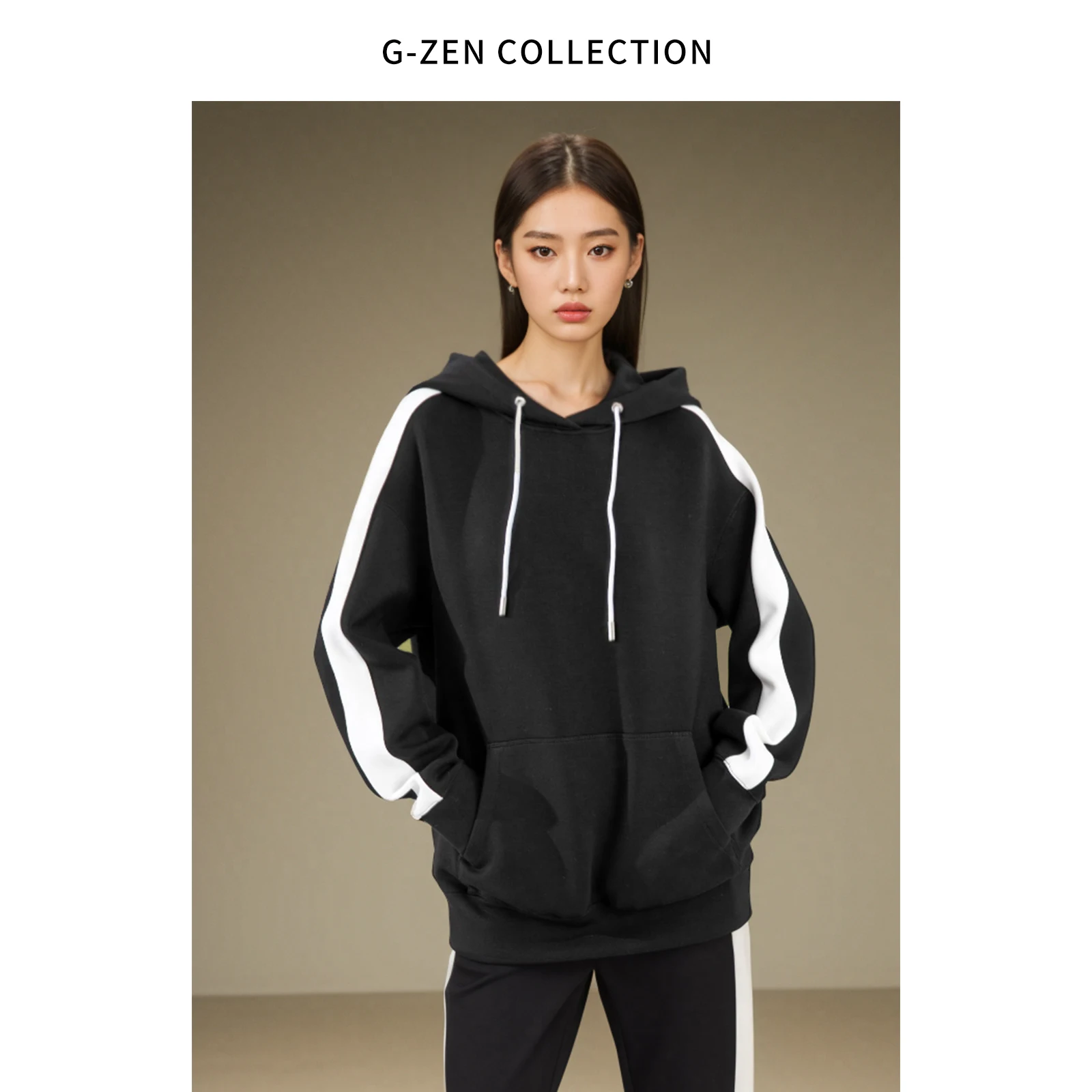 

Street Style Casual Hoodie Black White Color Block Loose Fit Long Sleeve Air Layered All-Match Sweatshirt for Women