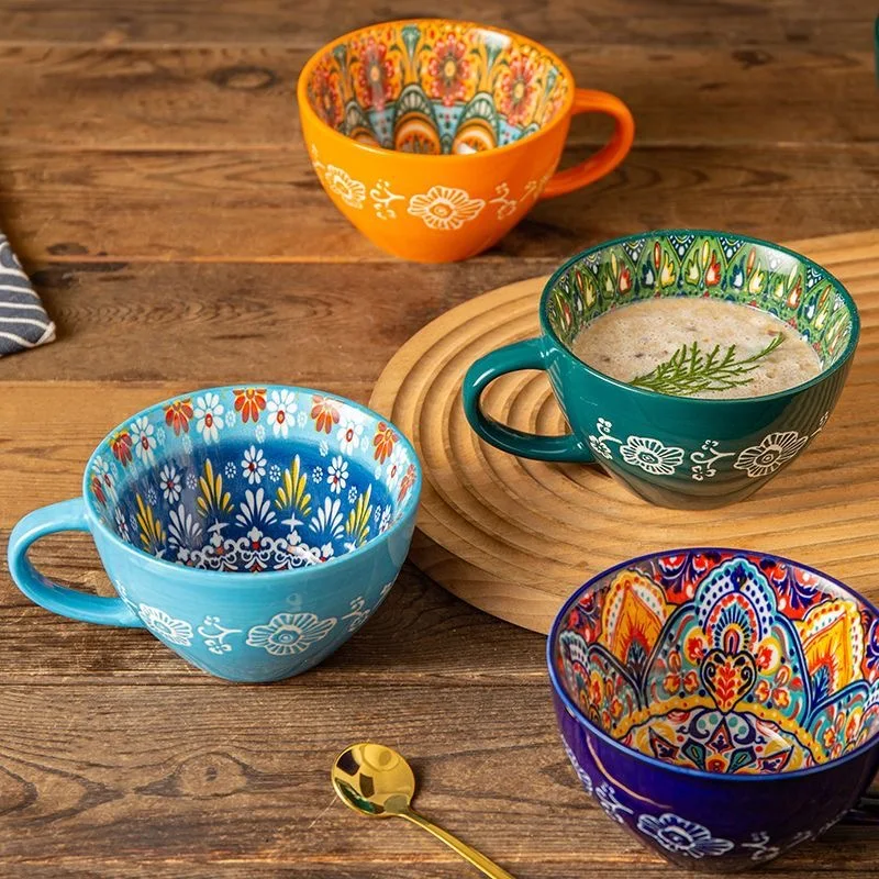 Bohemian Ceramic Breakfast Cup High Appearance Level Oatmeal Cup Large Capacity Water Cup Microwavable Milk Coffee Cup