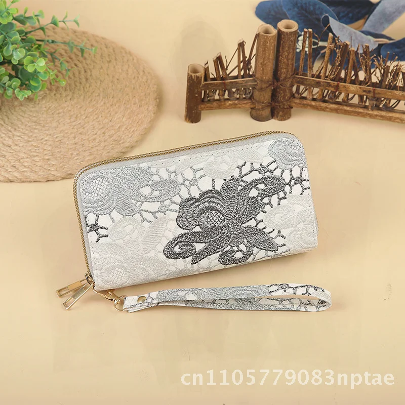 Women's Double-Pull Zipper Wallet Large Capacity PU Leather Clutch Embroidered Simple Coin Purse Fresh Sweet Style