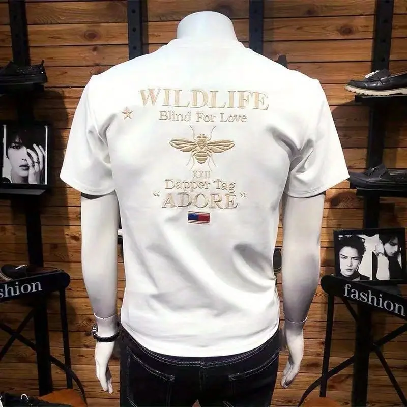 Men's Fashion Casual Spring Autumn T-Shirts Tees with Embroidered Back Little Bee Brand Slim O Neck Shiny Cotton Half Sleeve Top