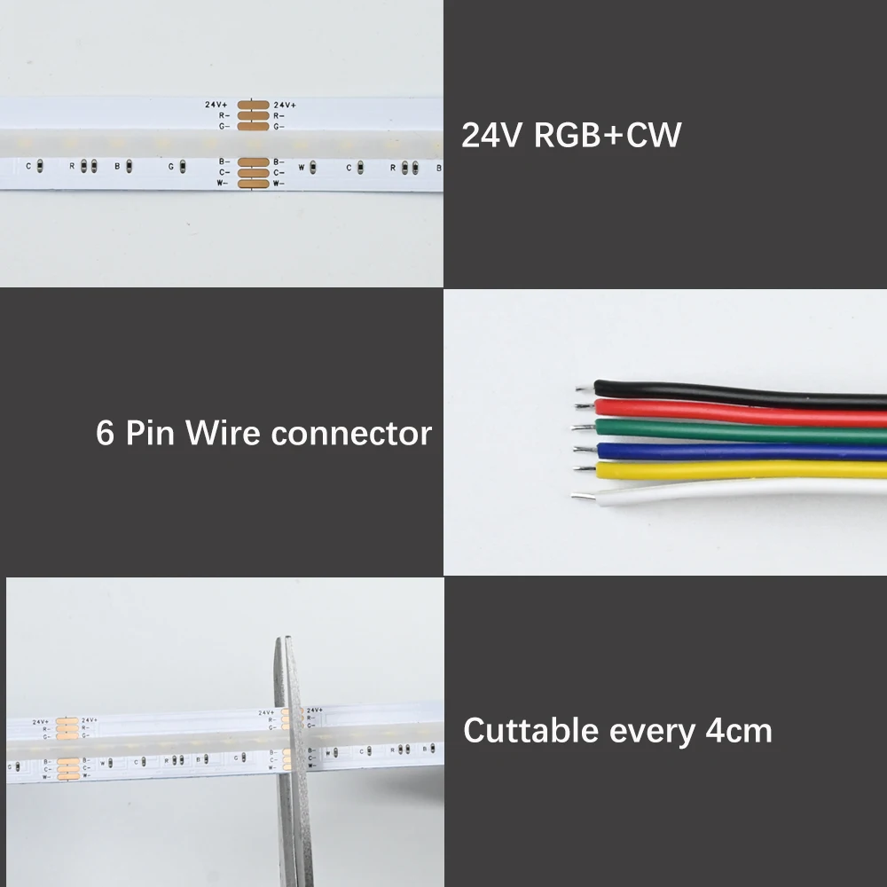 Imagem -04 - Cob Rgb Mais Cct Led Strip Light Lâmpada Regulável Flexível Alta Densidade Iluminação Linear Nenhum Ponto Rgbcw Rgbcw 6pin 24v 1m 2m 3m 4m 5m 10m