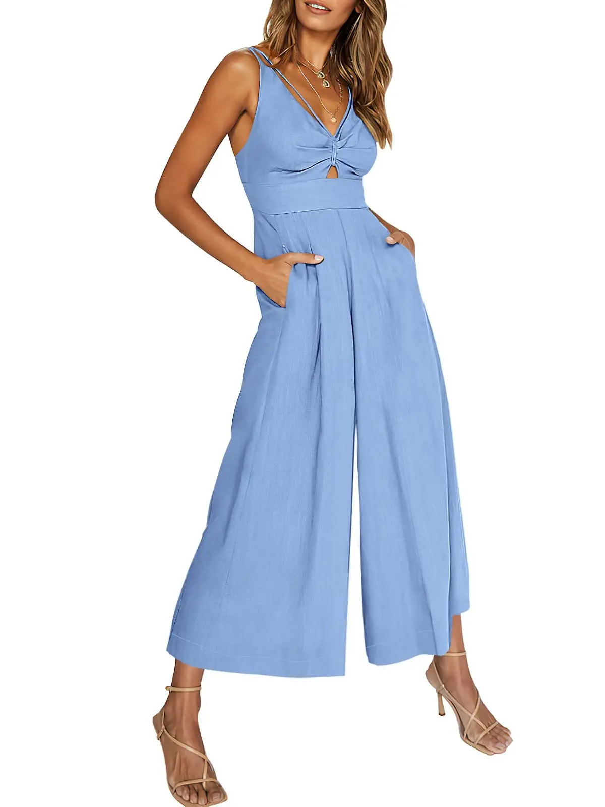 Women Sexy Backless V Neck Hollow Sleeveless Elegant Wide Leg Jumpsuit 2023 Summer Fashion Solid Slim Pockets High Waist Rompers