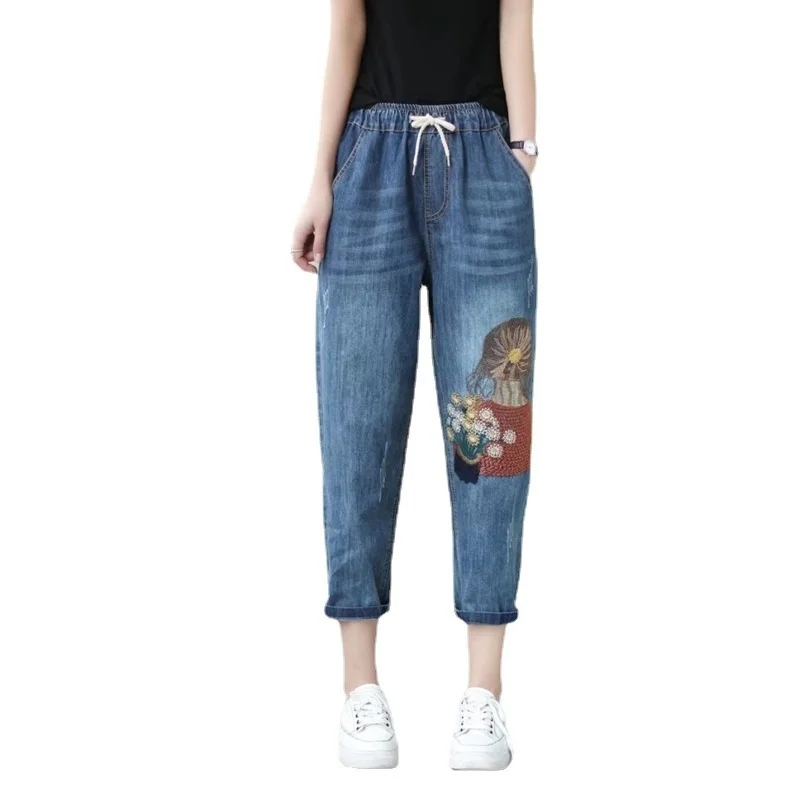 Jeans largos de cintura alta para mulheres, calças de harém bordadas, capris jeans casual com renda, calça menina vintage, verão e outono, 2023