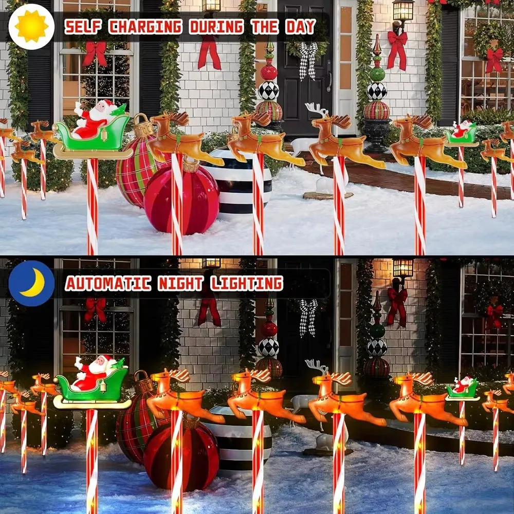 Christmas Solar Santa Sleigh and Reindeer Ground Stake Lights, Waterproof Snowman LED Pathway Lights, Outdoor Yard Garden Decor