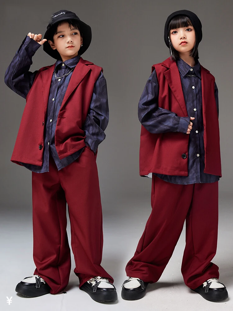 

New Children Jazz Costume Boys Hip Hop Dance Clothes Burgundy Vest Pants Girls Concert Kpop Performance Suit Stage Wear BL12257