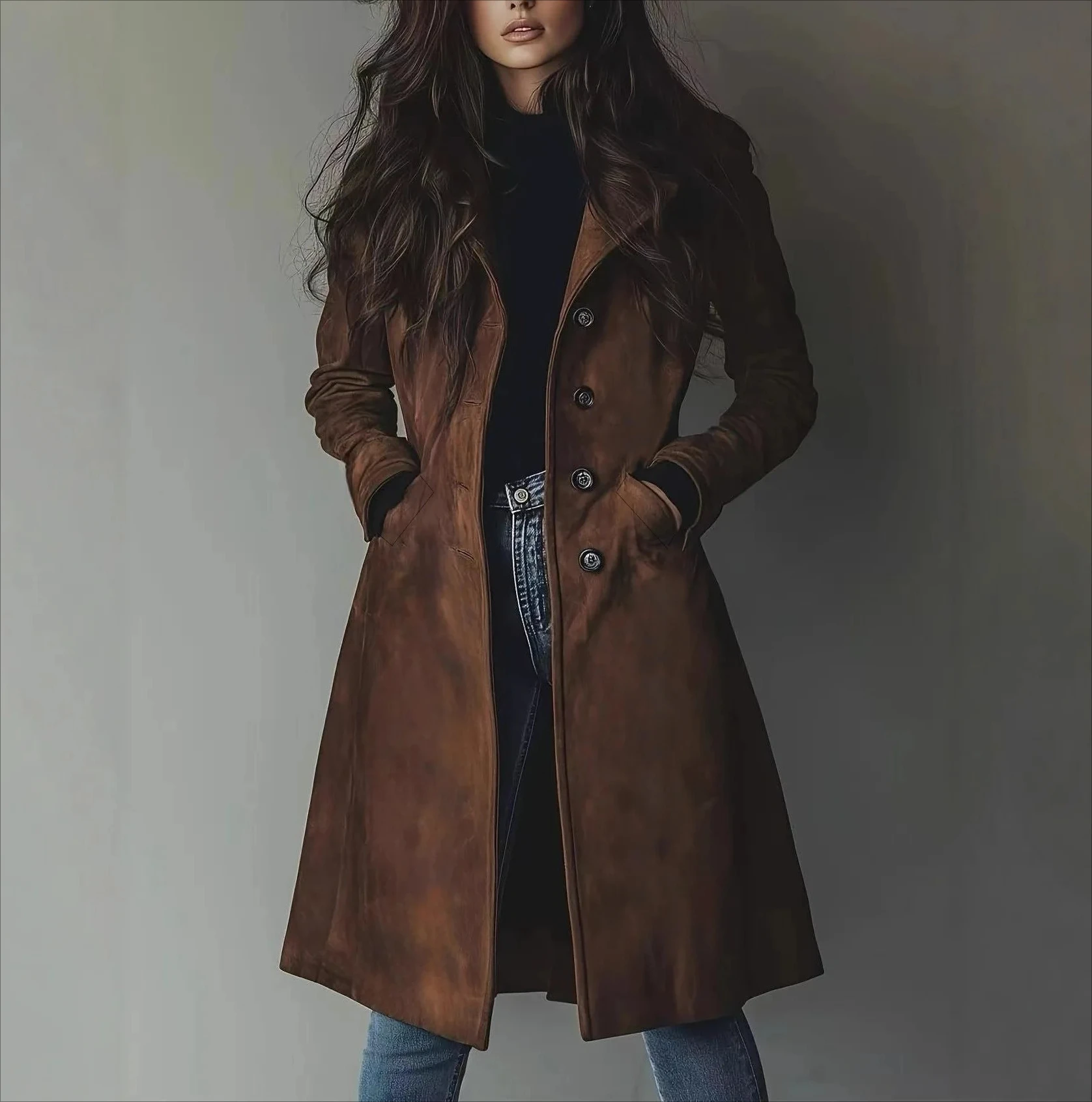 

Осенне-зимнее женское длинное замшевое пальто 2025 года | Модная верхняя одежда с воротником в уличном стиле | Удобное повседневное новое поступление