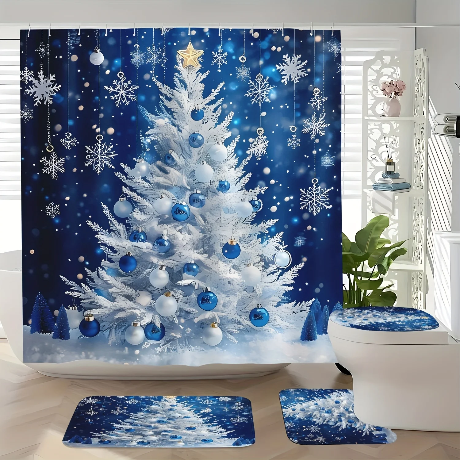 

Рождественский душевой набор из 4 предметов, водонепроницаемая занавеска из сосны, коврик для ванной, крышка унитаза, нескользящий U-образный коврик, праздничный декор для ванной комнаты