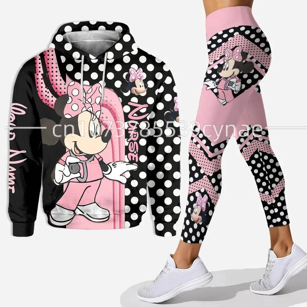 Conjunto esportivo de ioga rosa Disney para mulheres, calças esportivas, feltro com capuz essencial, sudorese, roupas esportivas de moda, 3D, 2024