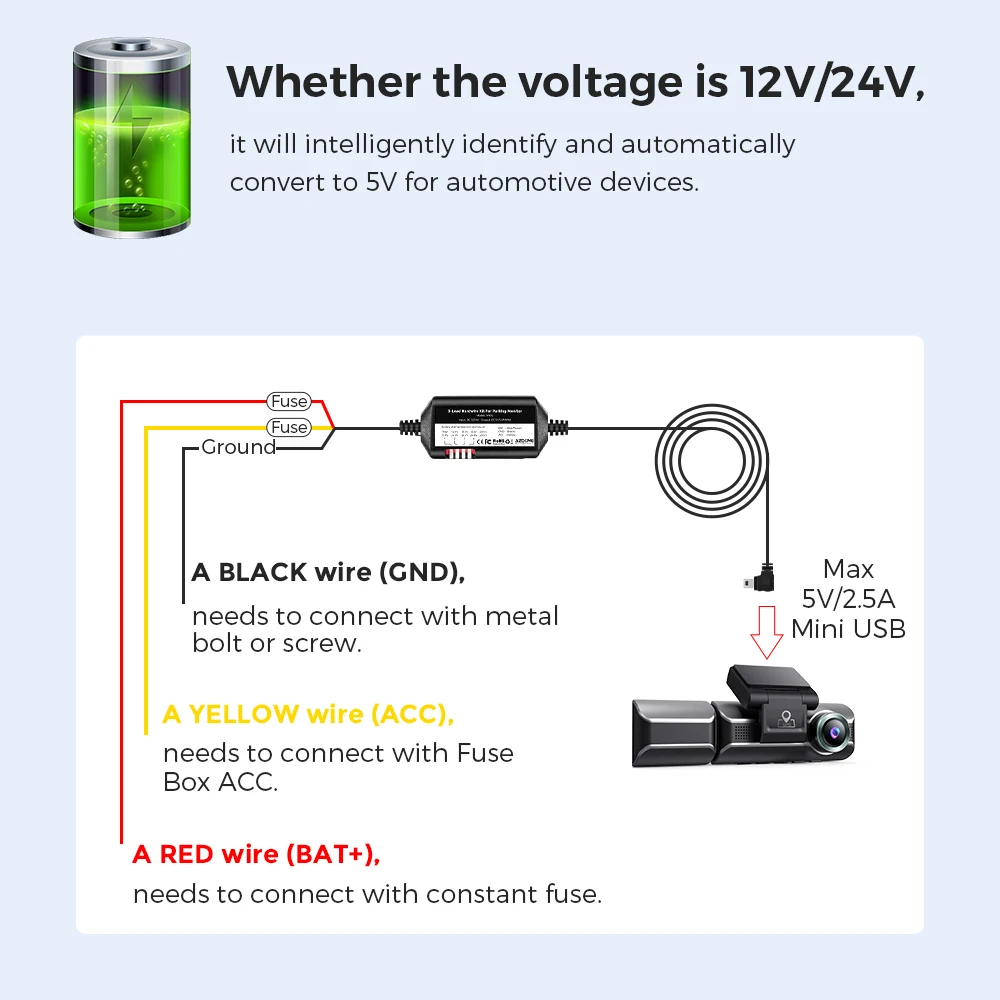 AZDOME JYX02 Rejestrator samochodowy Zestaw przewodów twardych do M550 M550 Pro GS63H PG17 M17 Ochrona niskiego napięcia Mini port USB 12V-24V wejście 5V2.5A wyjście