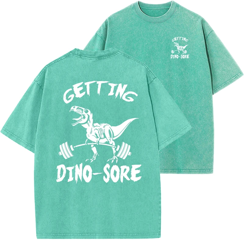 Dinosaur Fitness Dinosaur Weightlifting Men's T Shirt Summer Vintage Washed Cotton Soft Tees Anime Loose Short Tshirt