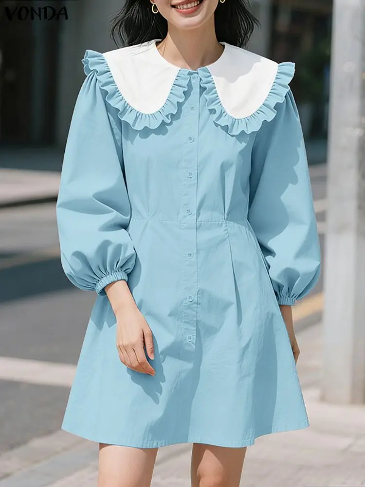 فوندا فساتين قميص عصرية للنساء 3/4 كم فستان صيفي صغير بياقة بيتر بان 2025 أزرار فضفاضة رداء نسائي أنيق غير رسمي للحفلات