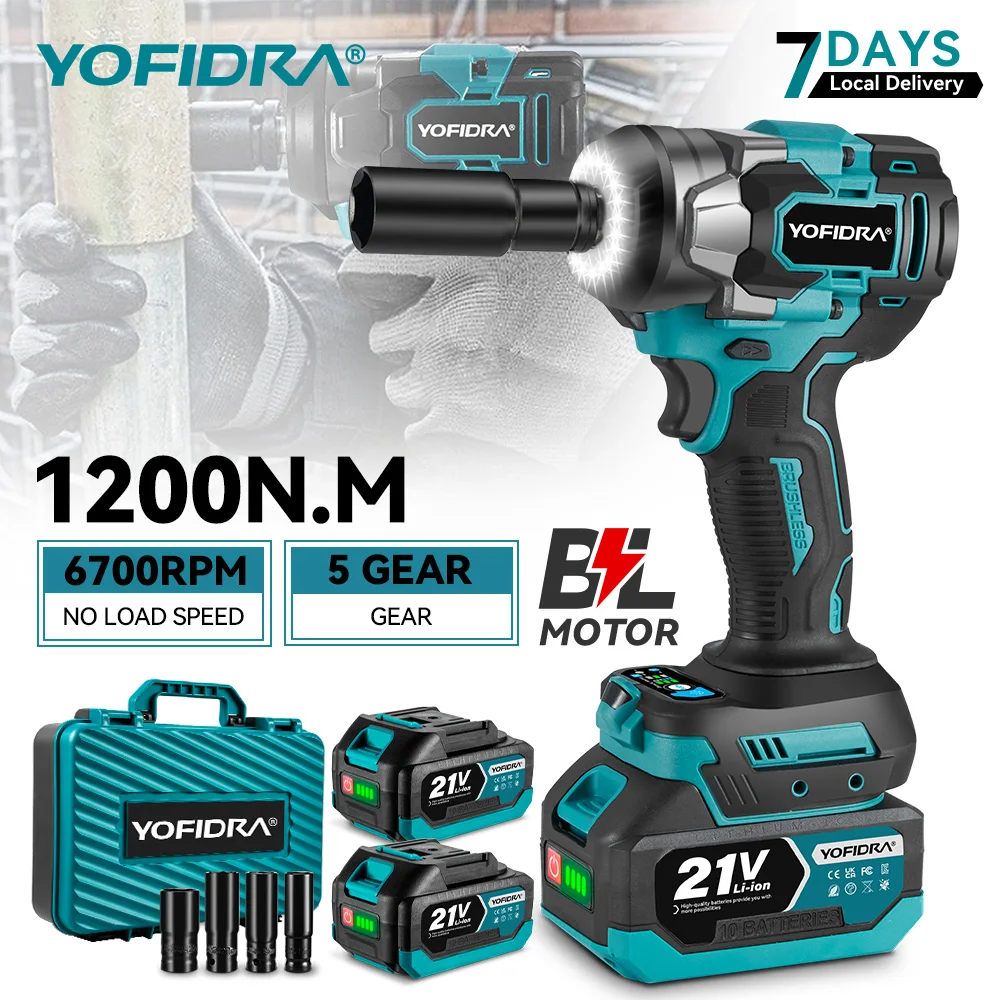 Clé à chocs électrique sans fil YOFIDRA 1200 N.m, 5 vitesses, visseuse pour voiture, outils électriques domestiques, compatible avec batterie Makita.