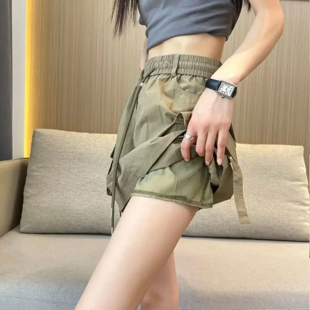 

Loose High Waist Skirt Lace Up Drawstring Causal Skirts Women Large Pocket Spicy Girl Style Wide Half Leg Skirts Streetwear