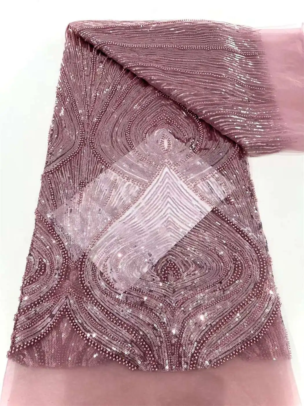 

African French Mesh Lace Beads Fabric Luxury Nigerian Net Lace with Sequins Wedding Dresses For Women High Quality 5yards