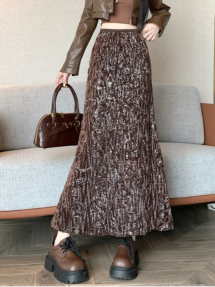 

SMTHMA новая осенне-зимняя сверкающая темпераментная юбка-русалка с эластичной резинкой и высокой талией, утягивающая длинная юбка трапециевидной формы