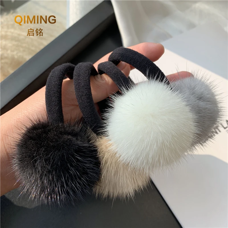 Fashion Women Soft Mink Hair Scrunchie Rope Ponytail Tail Wrist Band Vintage Elastic Hair Bands Rubber Rope Headdress Fur Pom 