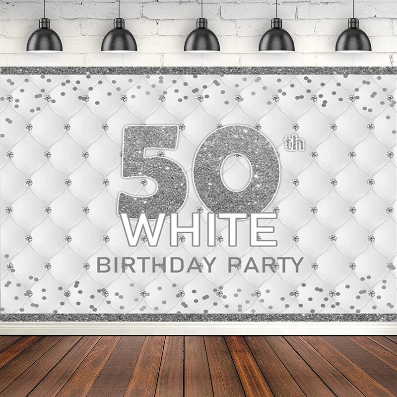 Sliver Glitter Photography Backdrop Fifty 50th White Birthday Photo Booth Background Poster Photoshoot Props Heardboard Banner