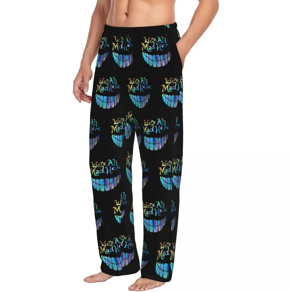 Custom Cheshire Cat We're All Mad Here Pajama Pants Sleepwear Men's Elastic Waistband Cartoon Sleep Lounge Bottoms with Pockets