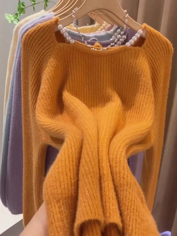 

Glossy Korean Sle Pearl Nelace Knitted Sweater Thi Long Sve Overhead Women's Faion Autumn Winter Warm Soft Sweater