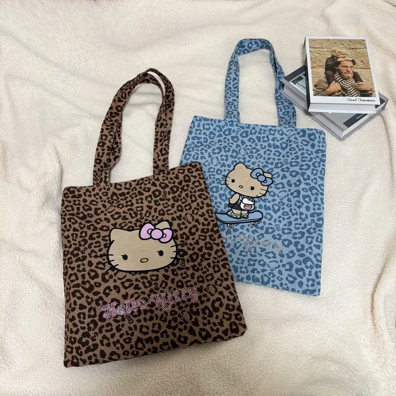 

Trendy Kitty Rhinestone Leopard Print Tote Bag Large Capacity Commuter Shoulder Bag For Women Students Perfect For School